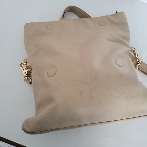 Tory Burch Geniue Leather Tan Beige Foldover Flap Shoulder Bag Purse Medium Fair - Picture 3 of 11